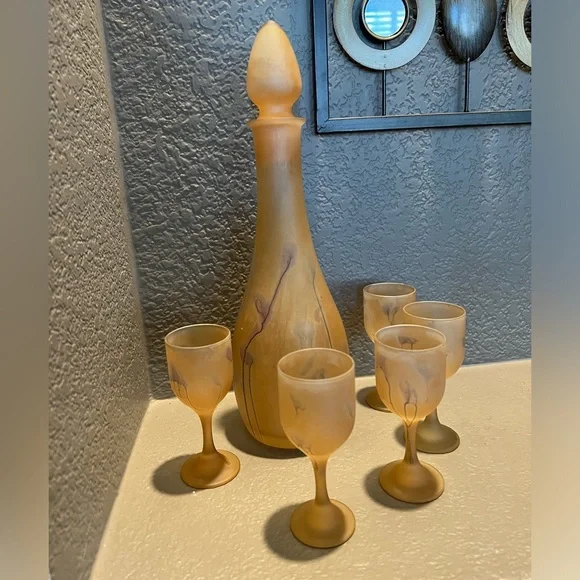 Vintage  7 Pc Rueven Nouveau Art Glass Frosted Wine Water Decanter & glasses - Picture 5 of 8